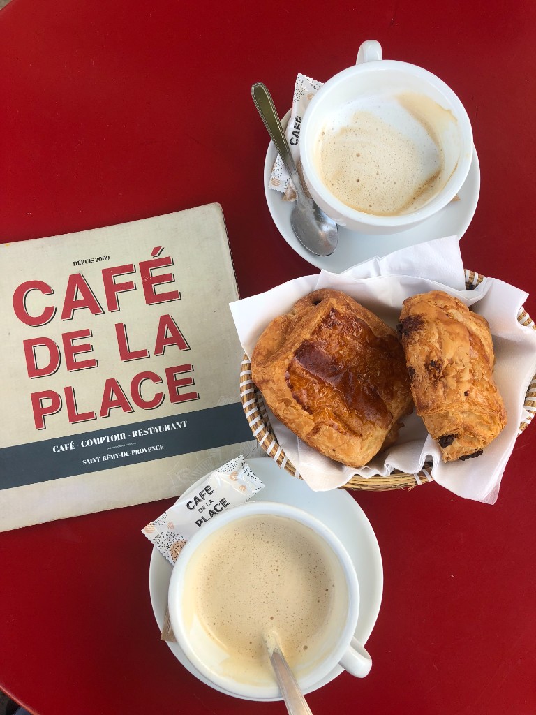 Café au lait and pastries at Café de la Place, Saint-Rémy-de-Provence