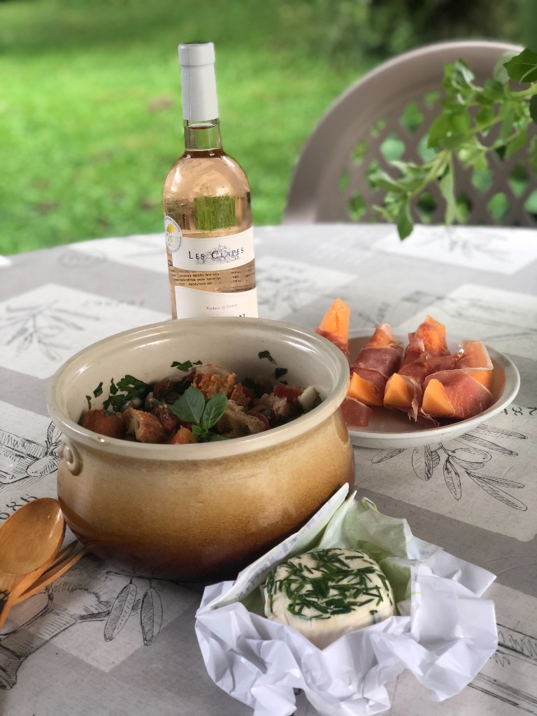 Garden lunch with rosé, panzanella, melon and prosciutto in Provence